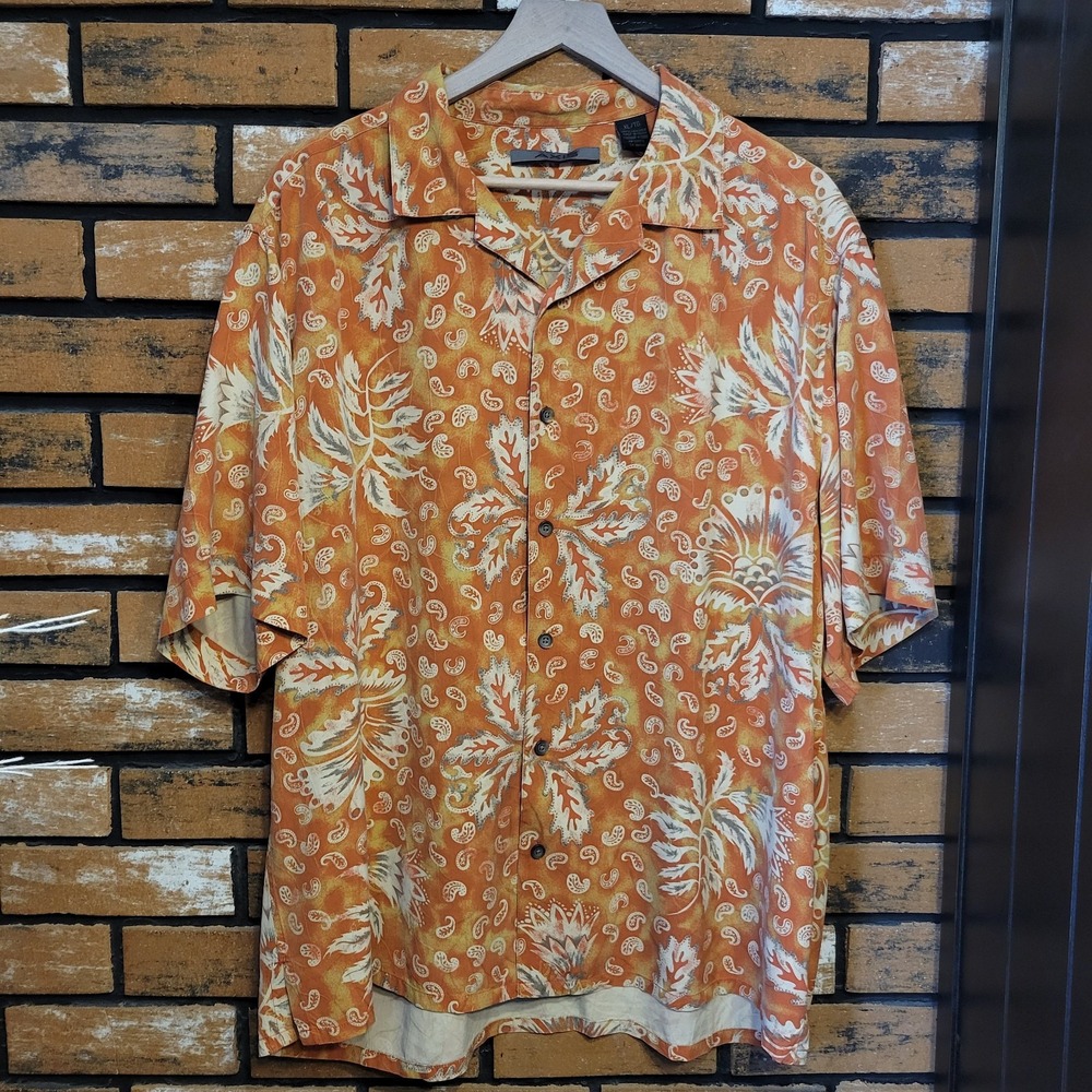 Axis‎ Men's Shirt XL Rust Brown Yellow Silk Hawaiian Floral Paisley Embroidered